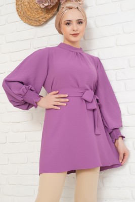 Beli Kuşaklı Kol Ucu Lastikli Lila Tunik - UMAY STORE