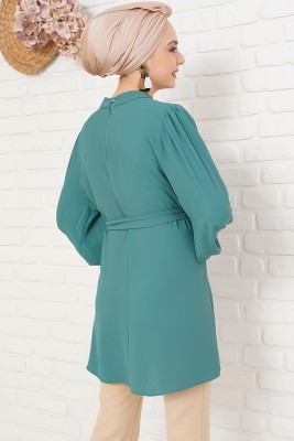 Beli Kuşaklı Kol Ucu Lastikli Zümrüt Tunik - Tunik