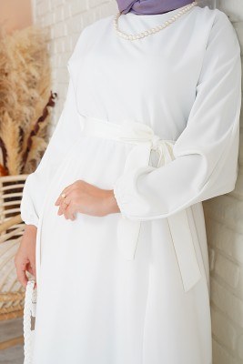 Beli Kuşaklı Model Beyaz Tesettür Elbise - Thumbnail