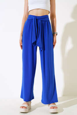 Beli Kuşaklı Salaş Pantolon Saks - Kadın Giyim Modelleri