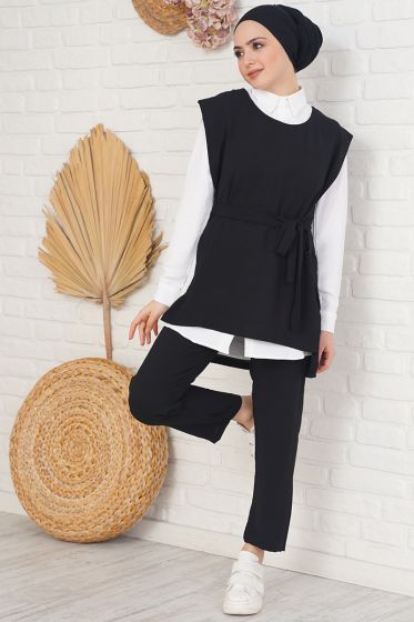 Beli Kuşaklı Siyah Üçlü Takım - İKİLİ TAKIM