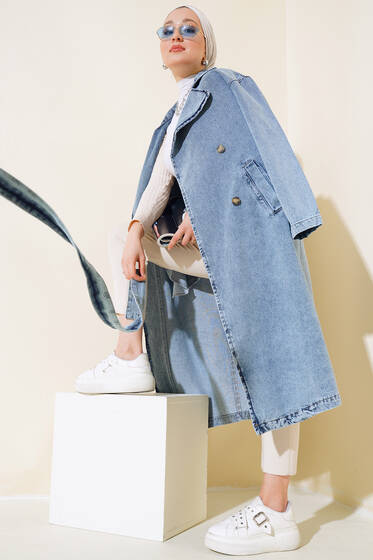 Beli Kuşaklı Uzun Trençkot Kot Mavisi - Dış Giyim&Mont