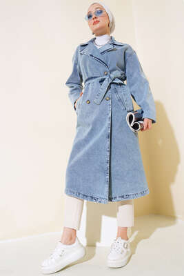 Beli Kuşaklı Uzun Trençkot Kot Mavisi - Trençkot