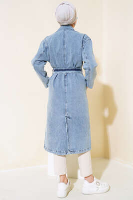 Beli Kuşaklı Uzun Trençkot Kot Mavisi - Trençkot