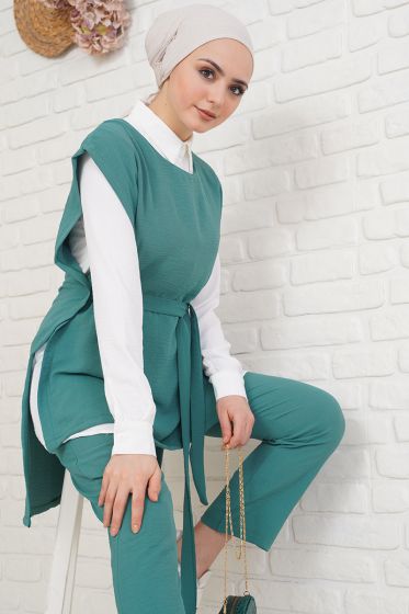 Beli Kuşaklı Yeşil Üçlü Takım - İKİLİ TAKIM