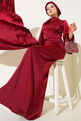 Beli Kuyruklu Saten Abiye Elbise Bordo 