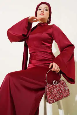 Beli Kuyruklu Saten Abiye Elbise Bordo - Tesettür Elbise