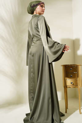 Beli Kuyruklu Saten Abiye Elbise Haki - Tesettür Elbise
