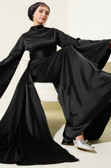 Beli Kuyruklu Saten Abiye Elbise Siyah - Elbise