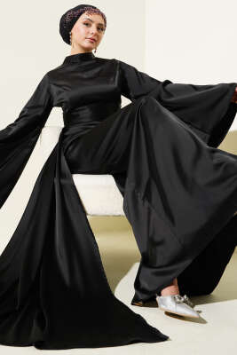 Beli Kuyruklu Saten Abiye Elbise Siyah - Tesettür Elbise