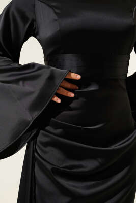 Beli Kuyruklu Saten Abiye Elbise Siyah - Tesettür Elbise