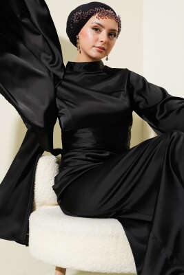 Beli Kuyruklu Saten Abiye Elbise Siyah - Tesettür Elbise