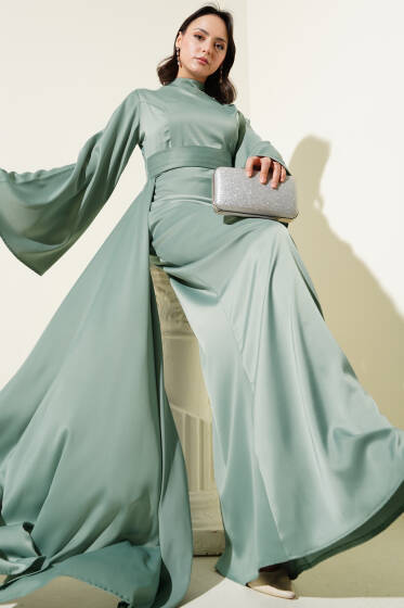 Beli Kuyruklu Saten Abiye Elbise Su Yeşili - Elbise