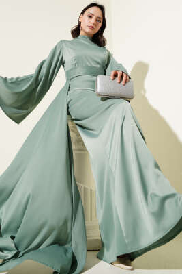 Beli Kuyruklu Saten Abiye Elbise Su Yeşili 