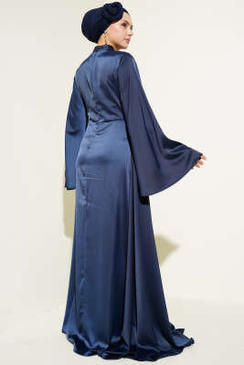 Beli Kuyruklu Saten Abiye Elbise Lacivert - Tesettür Elbise