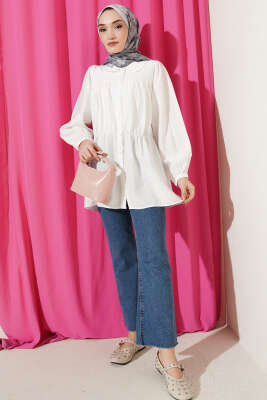 Beli Lastik Detaylı Gömlek Beyaz - Gömlek