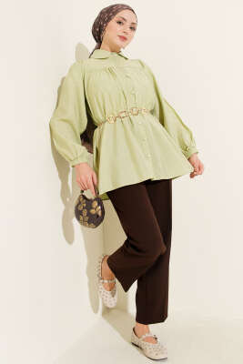 Beli Lastik Detaylı Gömlek Fıstık Yeşili - Gömlek