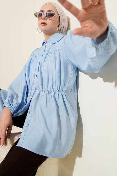 Beli Lastik Detaylı Gömlek Mavi - Gömlek