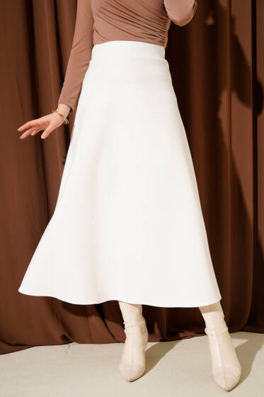 Beli Lastik Detaylı Kloş Scuba Etek Beyaz - Etek