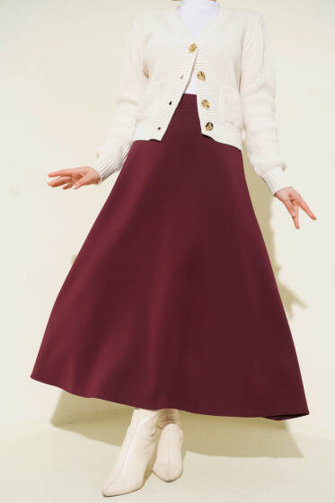 Beli Lastik Detaylı Kloş Scuba Etek Bordo - Etek