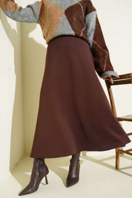 Beli Lastik Detaylı Kloş Scuba Etek Kahve - TABLO FASHİON