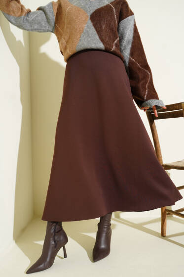 Beli Lastik Detaylı Kloş Scuba Etek Kahve - Etek