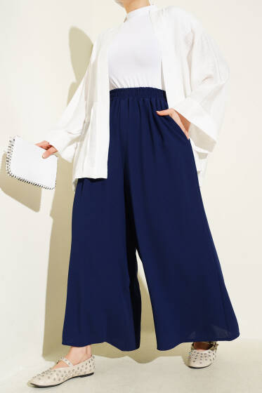Beli Lastik Detaylı Salaş Pantolon Lacivert - Pantolon