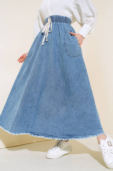 Beli Lastikli Bağcık Detaylı Kot Etek Kot Mavisi - Etek