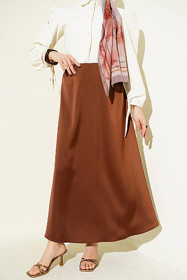 Beli Lastikli Basic Saten Etek Kahve - Etek