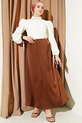 Beli Lastikli Basic Saten Etek Kahve - Etek