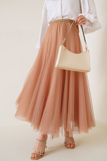 Beli Lastikli Camel Tül Etek - Uzun Etek