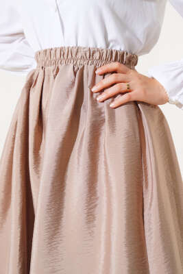 Beli Lastikli Çan Etek Latte - Uzun Etek