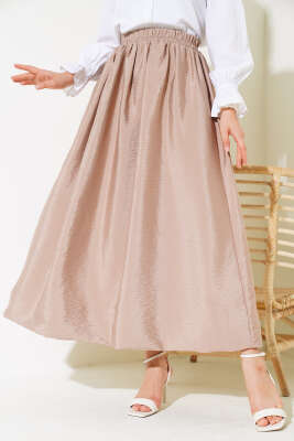 Beli Lastikli Çan Etek Latte - Uzun Etek