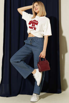 Beli Lastikli Cepli Bol Paça Kot Pantolon Mavi - Kadın Giyim Modelleri