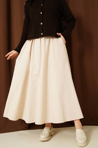 Beli Lastikli Cepli Gabardin Etek Bej - Etek