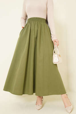 Beli Lastikli Cepli Gabardin Etek Çağla Yeşili - TEGOE