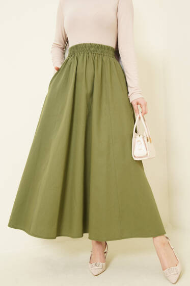 Beli Lastikli Cepli Gabardin Etek Çağla Yeşili - Etek