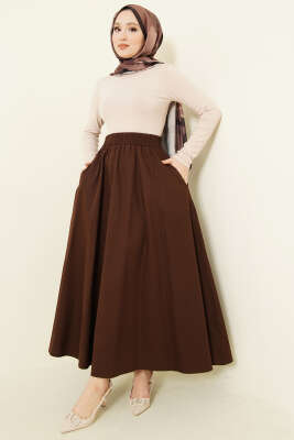 Beli Lastikli Cepli Gabardin Etek Kahve - Etek