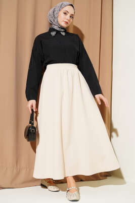 Beli Lastikli Cepli Kloş Dabıl Etek Bej - VAV TEKSTİL