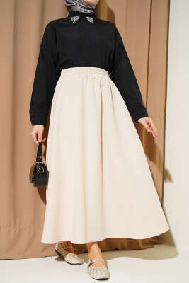 Beli Lastikli Cepli Kloş Dabıl Etek Bej - VAV TEKSTİL