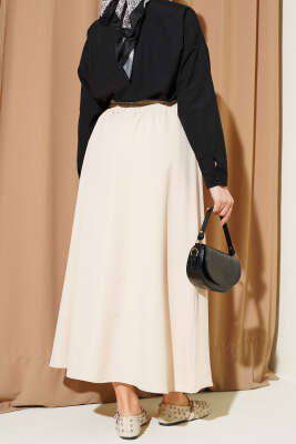 Beli Lastikli Cepli Kloş Dabıl Etek Bej - Etek