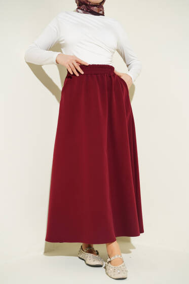 Beli Lastikli Cepli Kloş Dabıl Etek Bordo - Etek