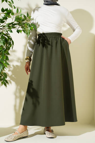 Beli Lastikli Cepli Kloş Dabıl Etek Haki - Etek