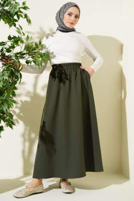Beli Lastikli Cepli Kloş Dabıl Etek Haki - Etek