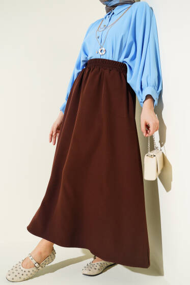 Beli Lastikli Cepli Kloş Dabıl Etek Kahve - Etek