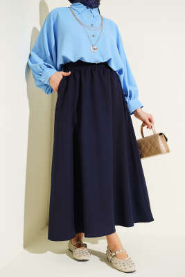 Beli Lastikli Cepli Kloş Dabıl Etek Lacivert - VAV TEKSTİL