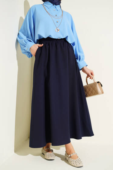 Beli Lastikli Cepli Kloş Dabıl Etek Lacivert - Etek