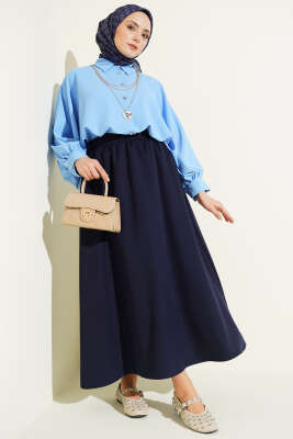Beli Lastikli Cepli Kloş Dabıl Etek Lacivert - Etek