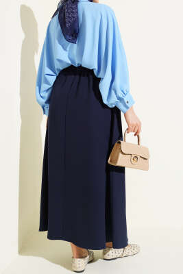 Beli Lastikli Cepli Kloş Dabıl Etek Lacivert - Etek