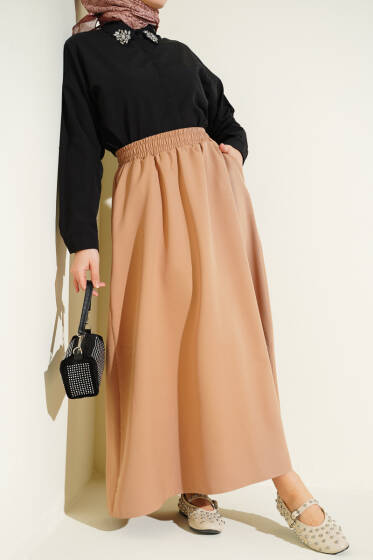 Beli Lastikli Cepli Kloş Dabıl Etek Latte - Etek